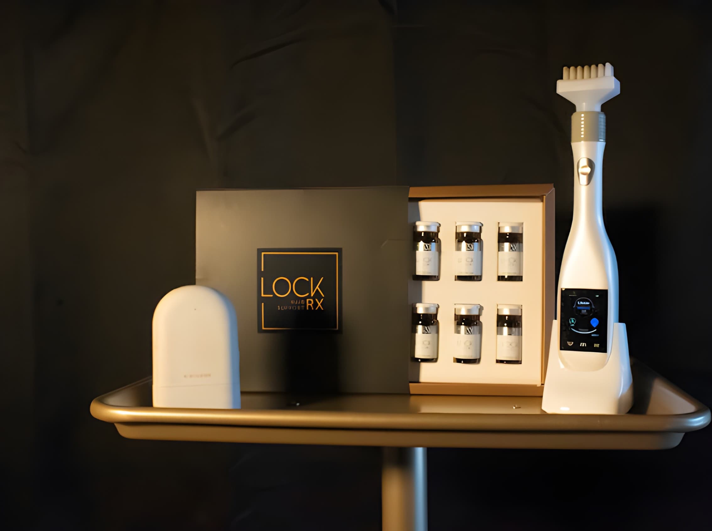 Scalp treatment products arranged on a gold tray in the Serenity Scalp Spa treatment room